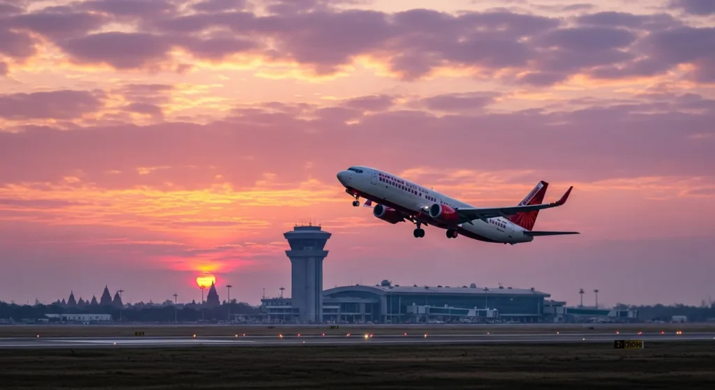 An Air India Express aircraft taking off from Indore airport at dawn, with vivid pink-purple sunrise sky and modern terminal buildings, representing connectivity to Ujjain via flights to Indore.