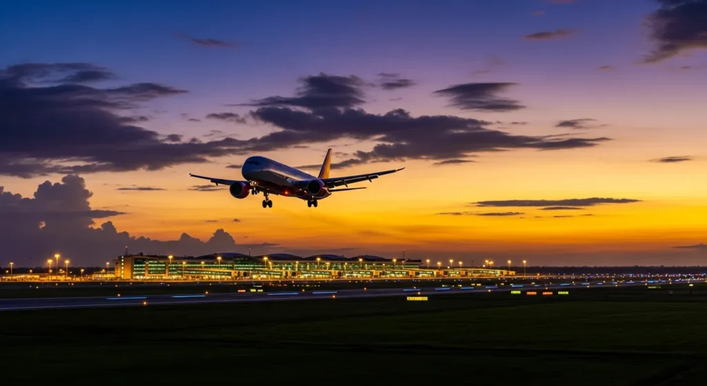 An Air India aircraft descending for landing at twilight over Flights to Indore Airport, modern terminal lights glowing, deep blue-to-golden sky with scattered purple clouds, Shipra River and green landscape below, cinematic wide-angle, 